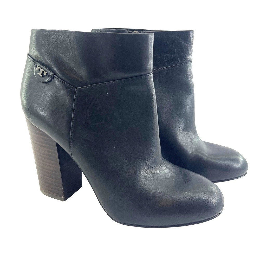 Tory Burch Leather Ankle Boots‎ 9.5M Black Block Heel Side Zip Designer Chic